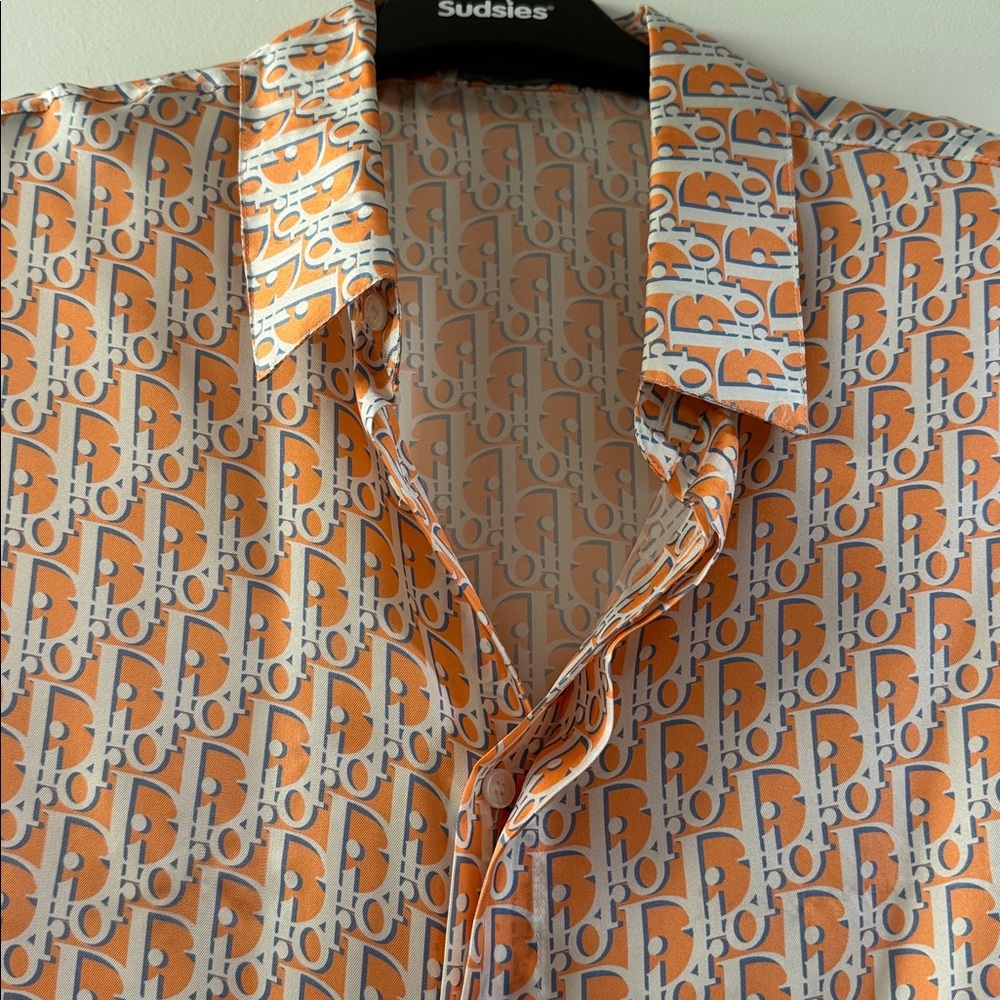 Dior Orange White Monogram Short Sleeve Button-Down Shirt - Picture 2 of 12
